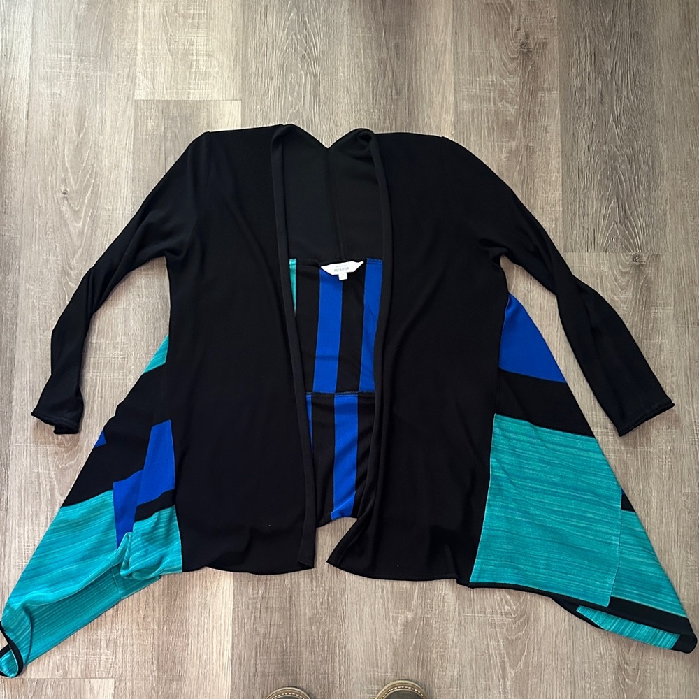 SET Misook Black and Teal Open Front Cardigan and dress.